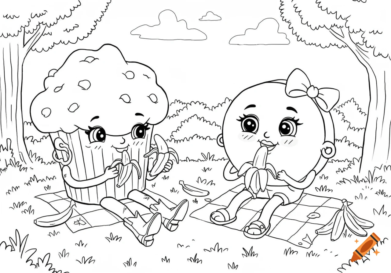 Black-and-white cartoon coloring page of a muffin and a button character picnicking and eating bananas.