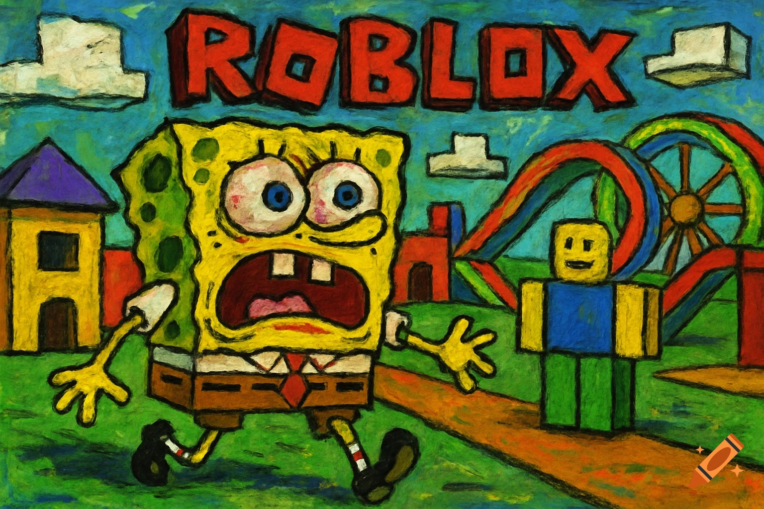 SpongeBob SquarePants and a Roblox character in a Roblox-themed fun park, rendered in a textured, crayon-like art style.