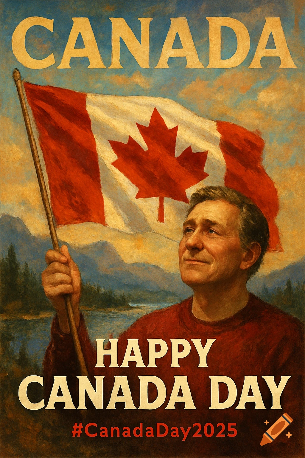 A man holding a Canadian flag with text 'Canada Happy Canada Day #CanadaDay2025' and mountains in a painterly style.
