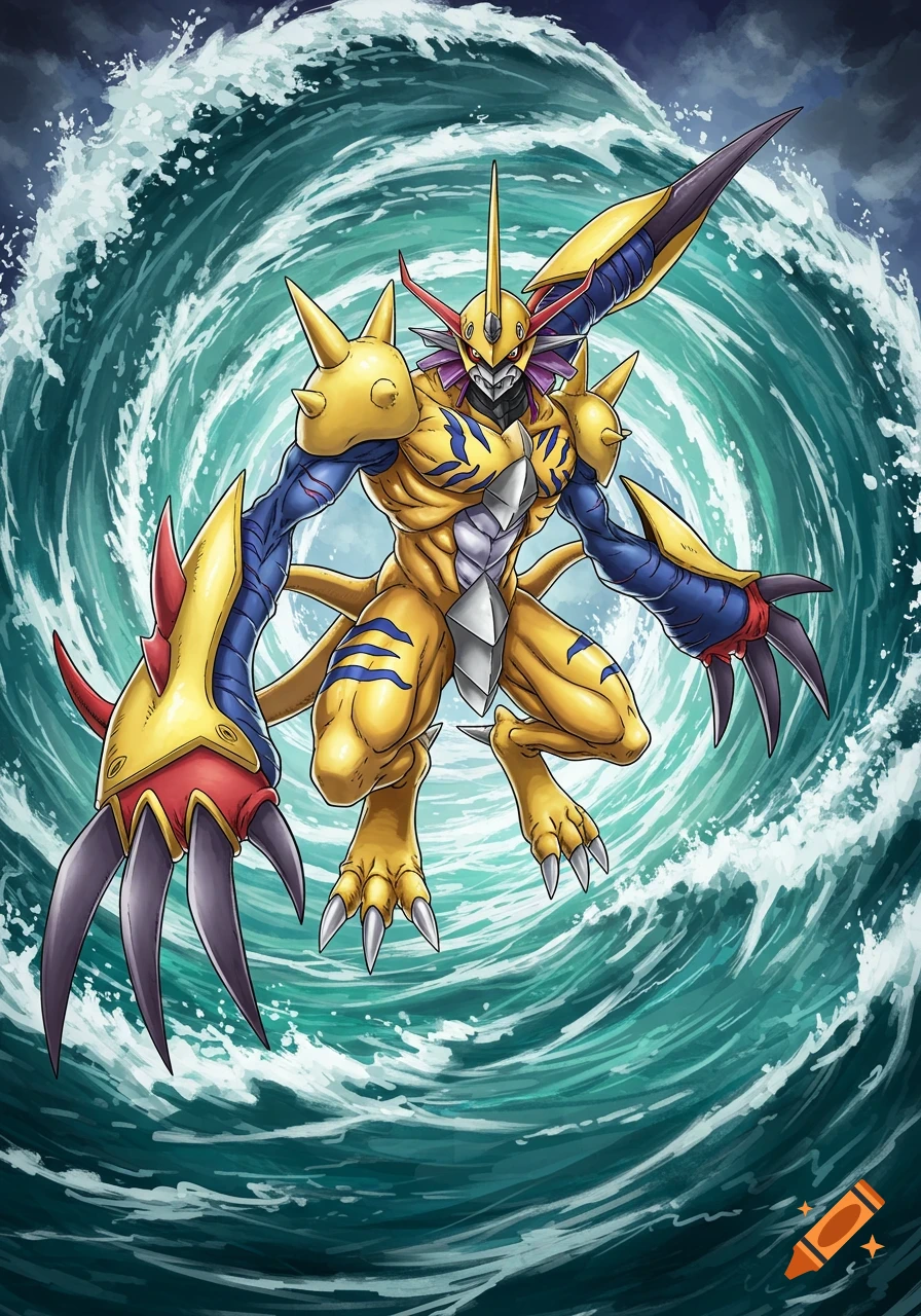 A yellow and blue Divermon, a Digimon character, with large claws and a spear-like arm, emerges from swirling turquoise ocean waves in an anime style.