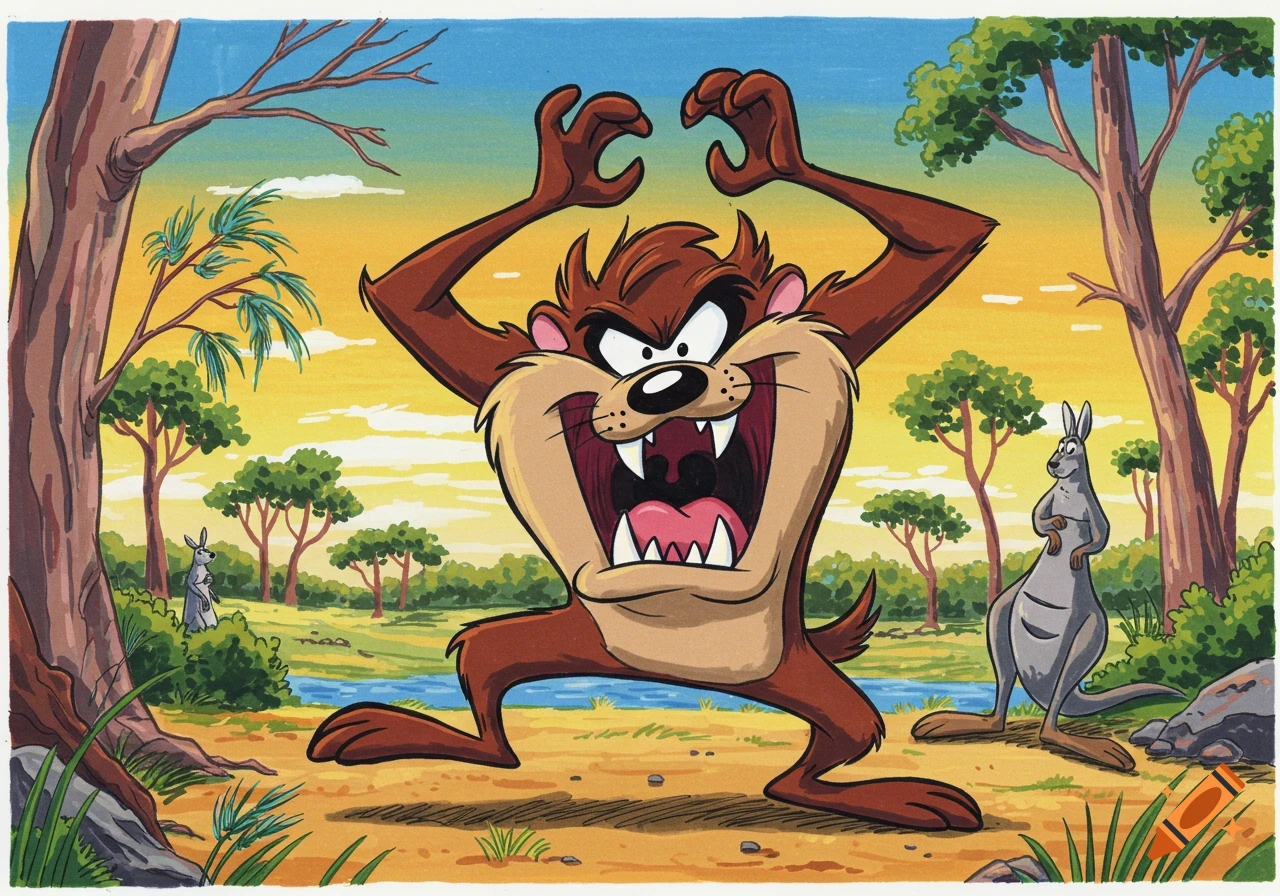 Cartoon Taz the Tasmanian Devil roaring with raised hands in an Australian outback with kangaroos.
