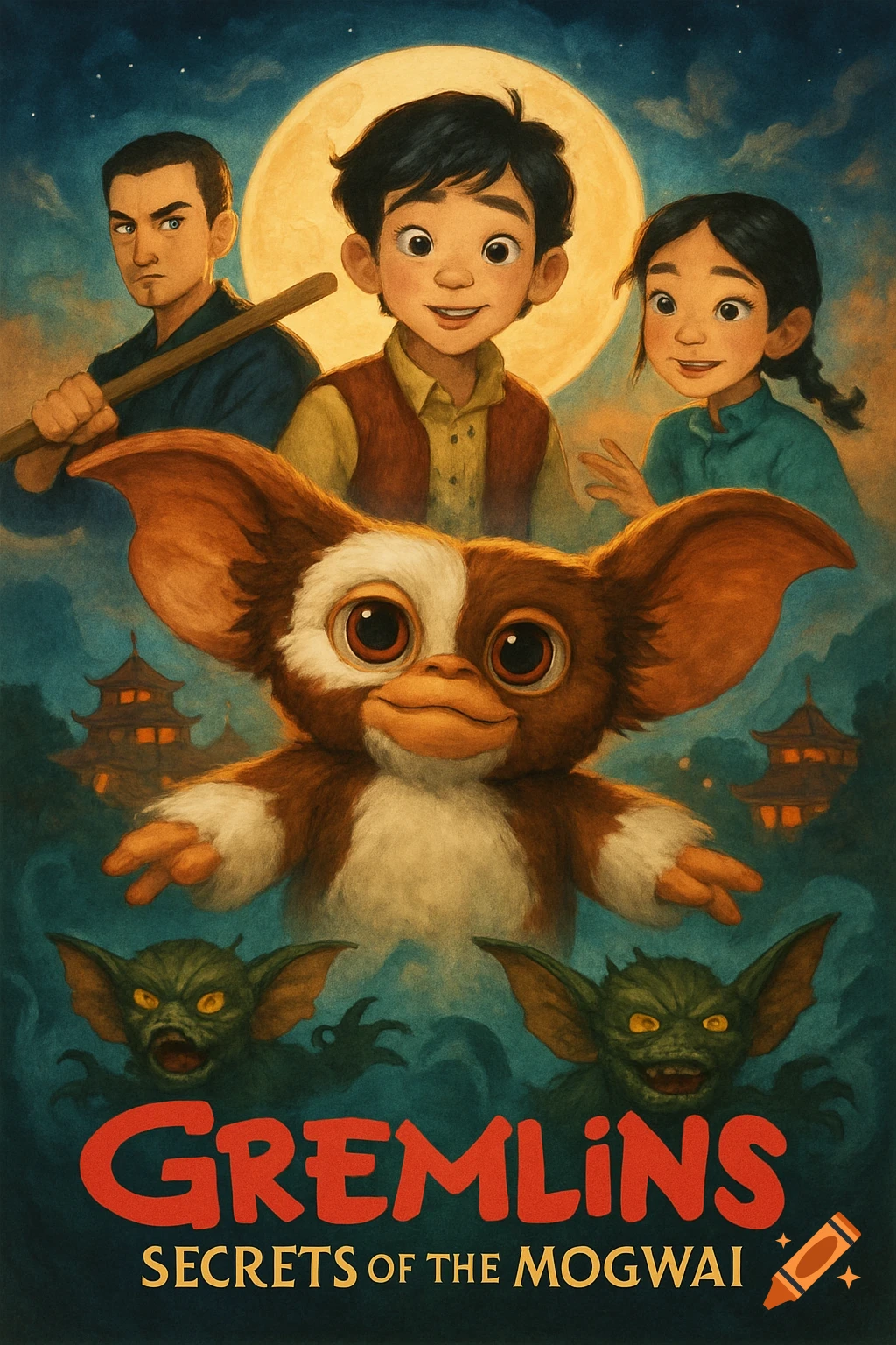 Illustrated poster for Gremlins: Secrets of the Mogwai, featuring a furry Gizmo, three human children, and two green gremlins.