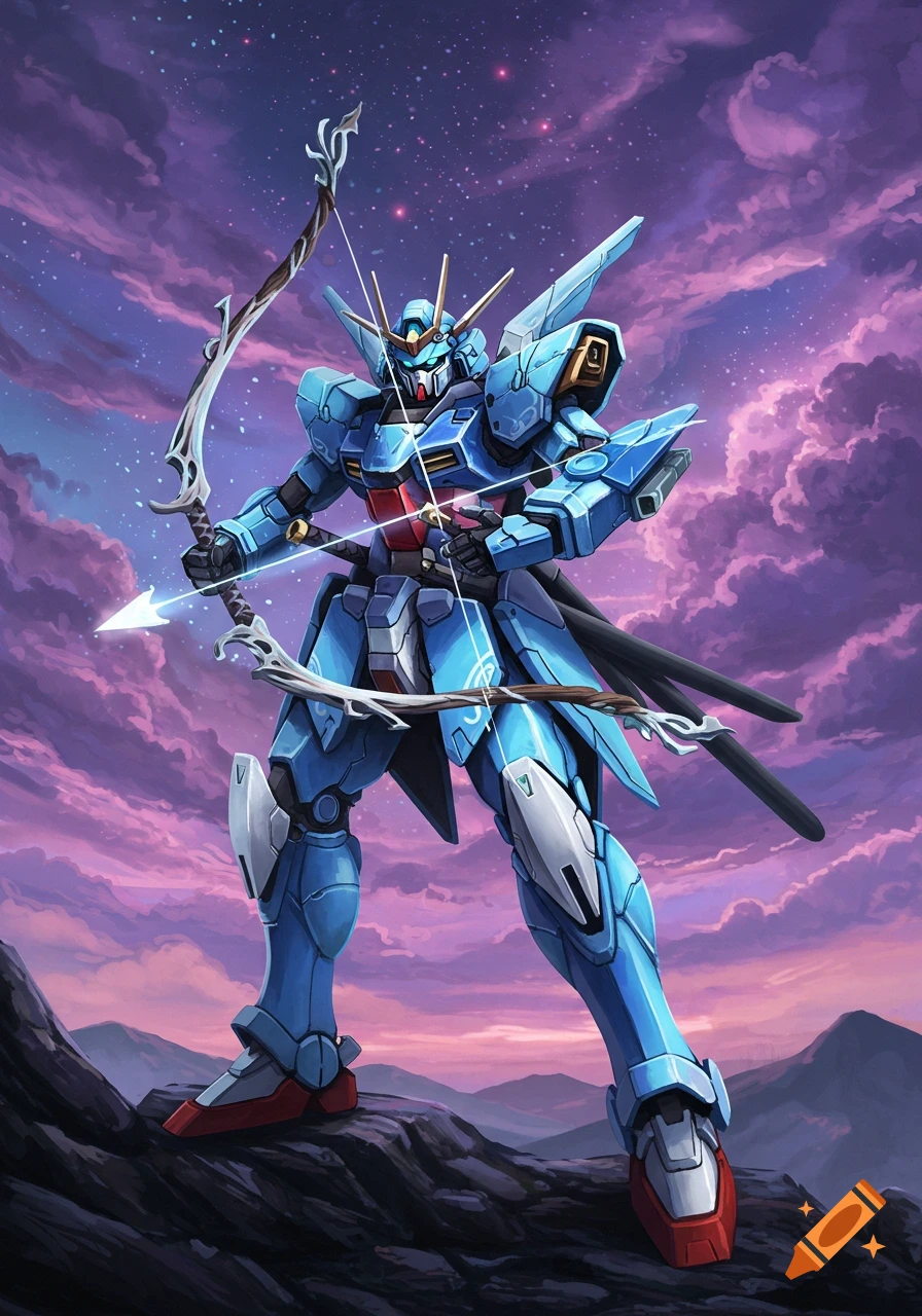 A blue mecha wielding a bow and arrow stands on a rocky outcrop under a purple, starry sky.