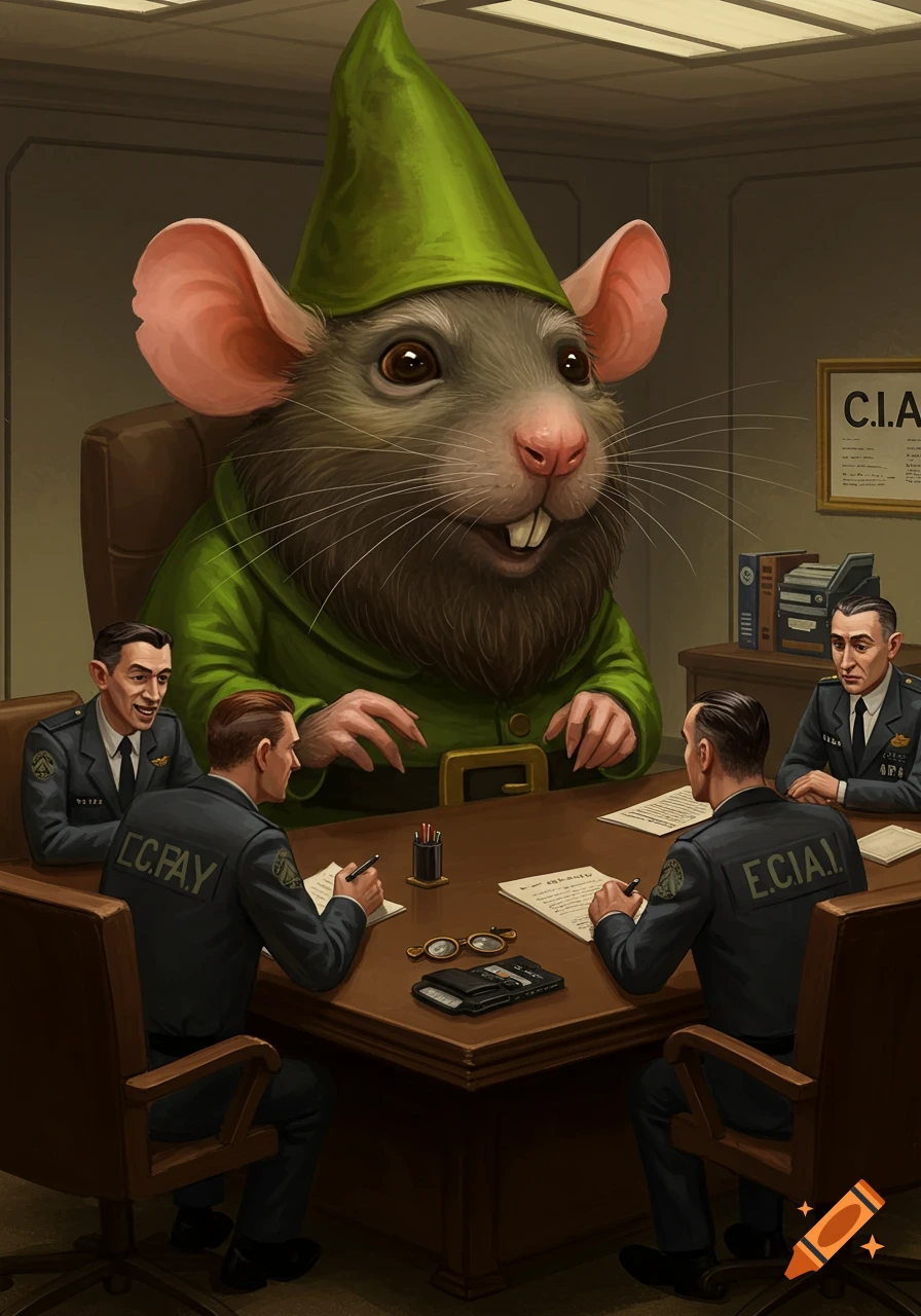 A giant rat wearing a green gnome hat sits at a conference table with three men in suits, depicting a secret meeting.