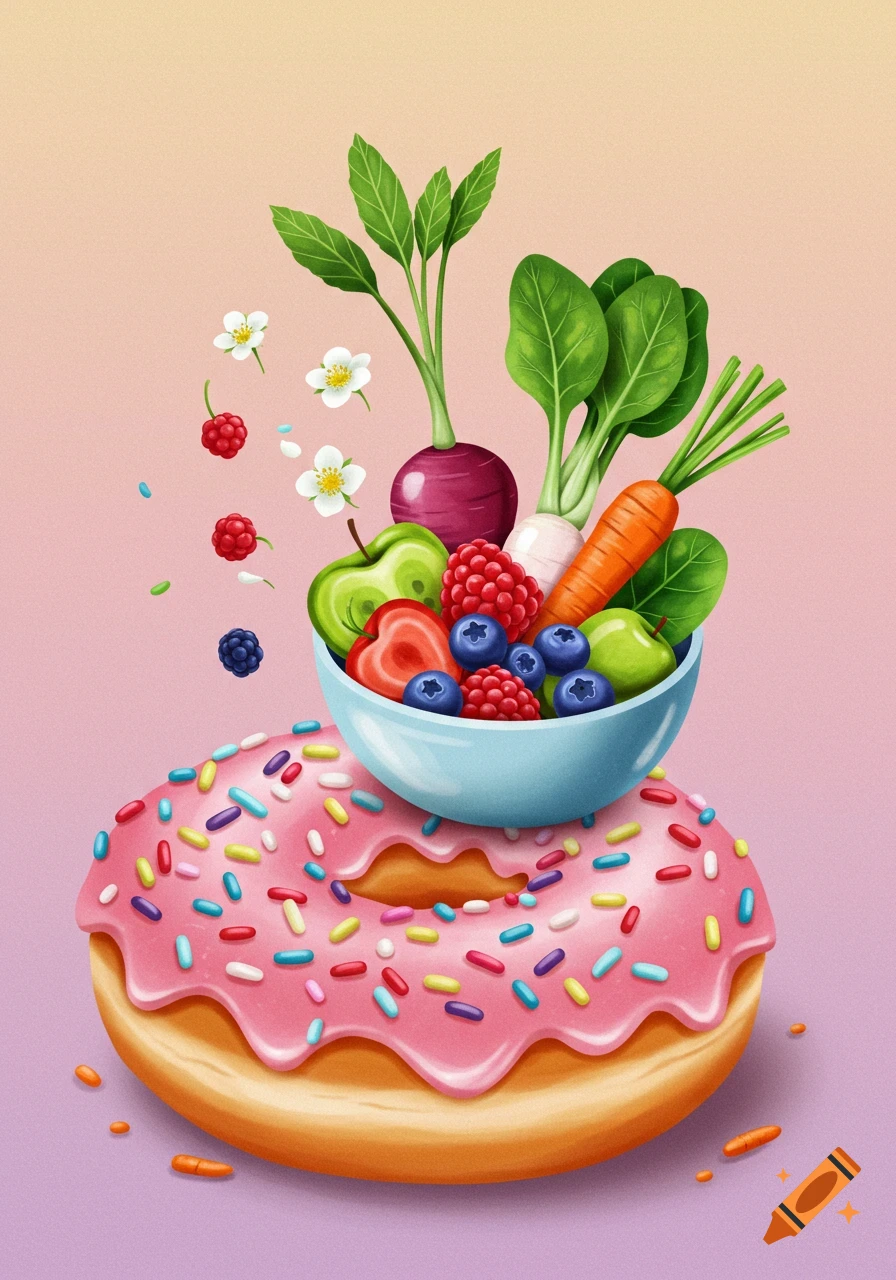 An illustrative image of a pink frosted donut topped with a bowl full of fresh fruits and vegetables.