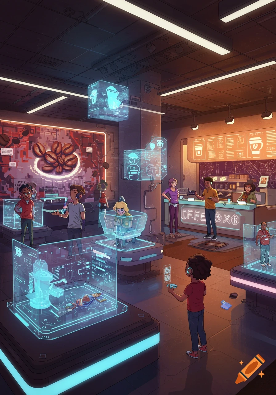 An illustrated, futuristic coffee shop in the metaverse with people interacting with holographic displays showing coffee cups and beans.