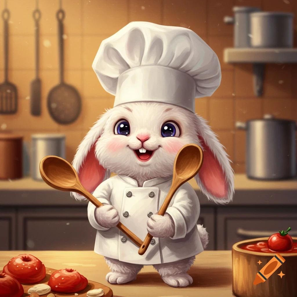 A cute white rabbit dressed as a chef smiles while holding two wooden spoons in a kitchen.