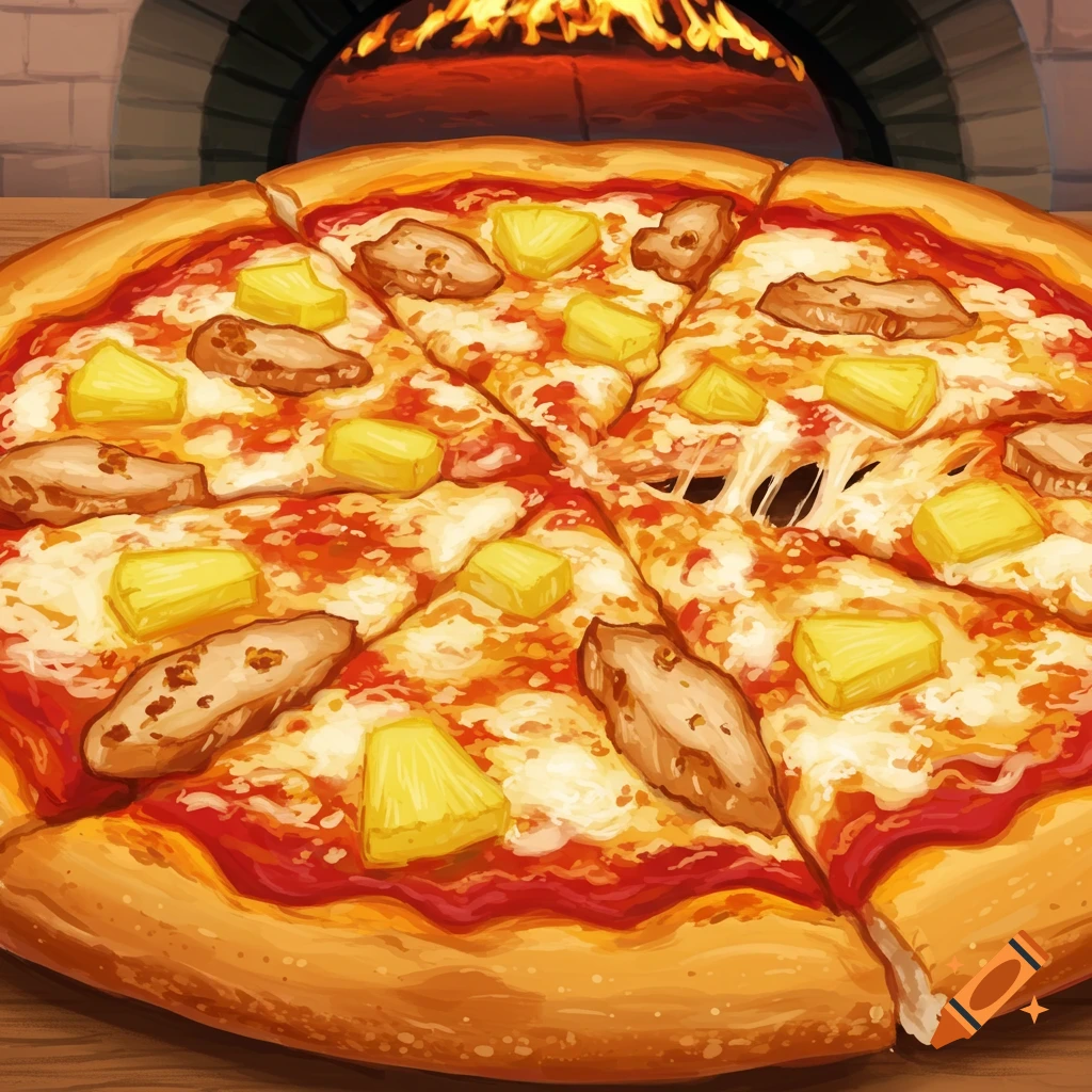 Close-up illustration of a chicken and pineapple pizza in front of a brick oven.
