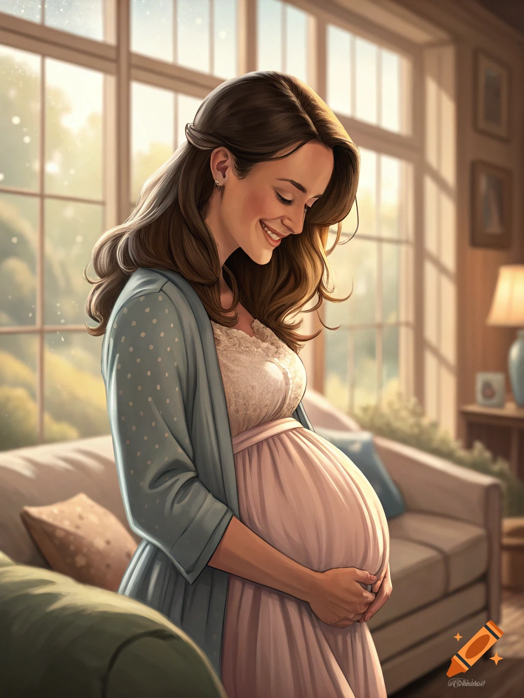 An illustrated portrait of a smiling pregnant woman holding her belly in a sunlit living room.