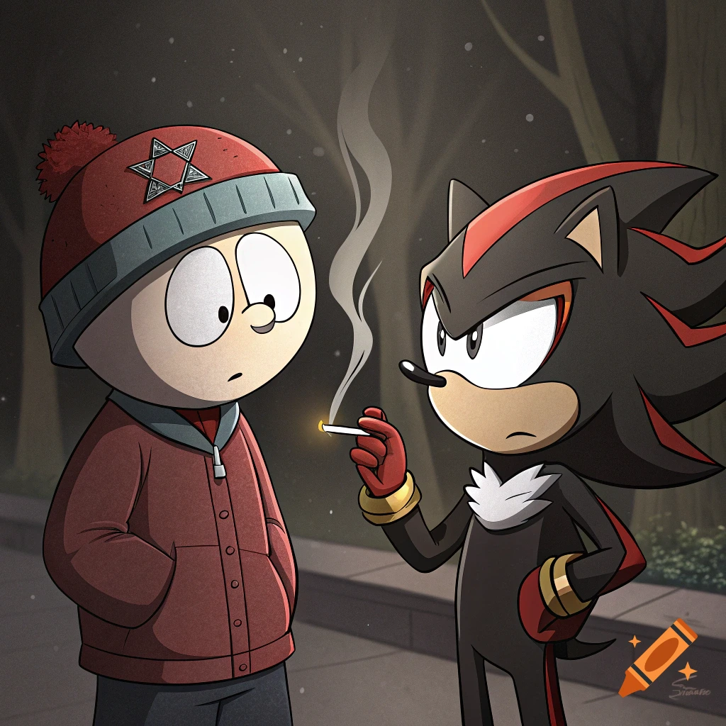 Kyle from South Park looks on as Shadow the Hedgehog smokes a cigarette outdoors at night, in a cartoon illustration style.