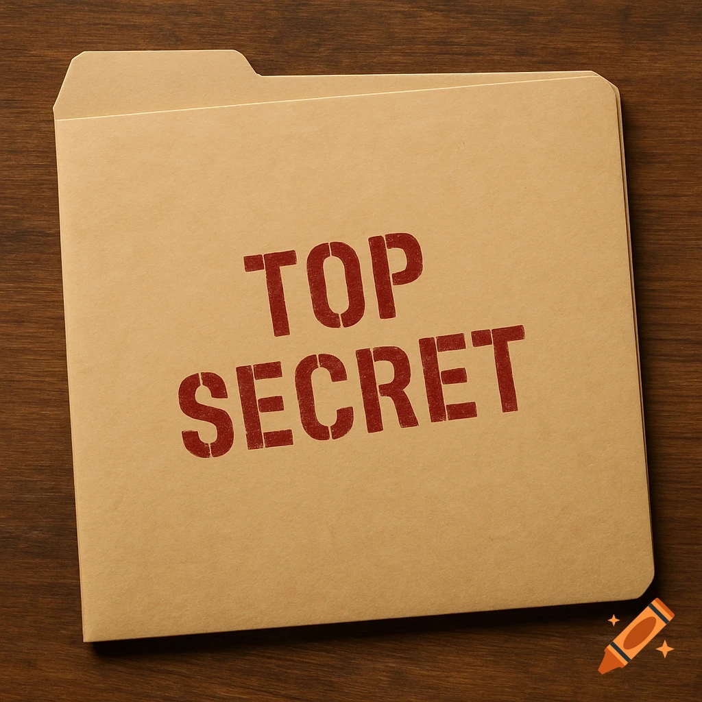 A manila folder with 'TOP SECRET' stamped in red on its front, lying on a wooden surface.