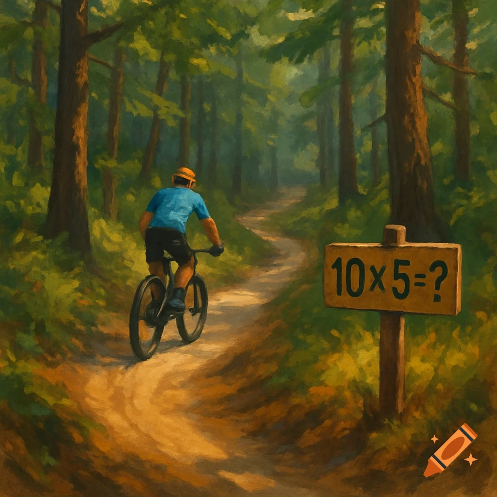 A painterly image of a mountain biker on a winding trail in a sun-dappled forest, passing a sign that reads '10x5=?'.