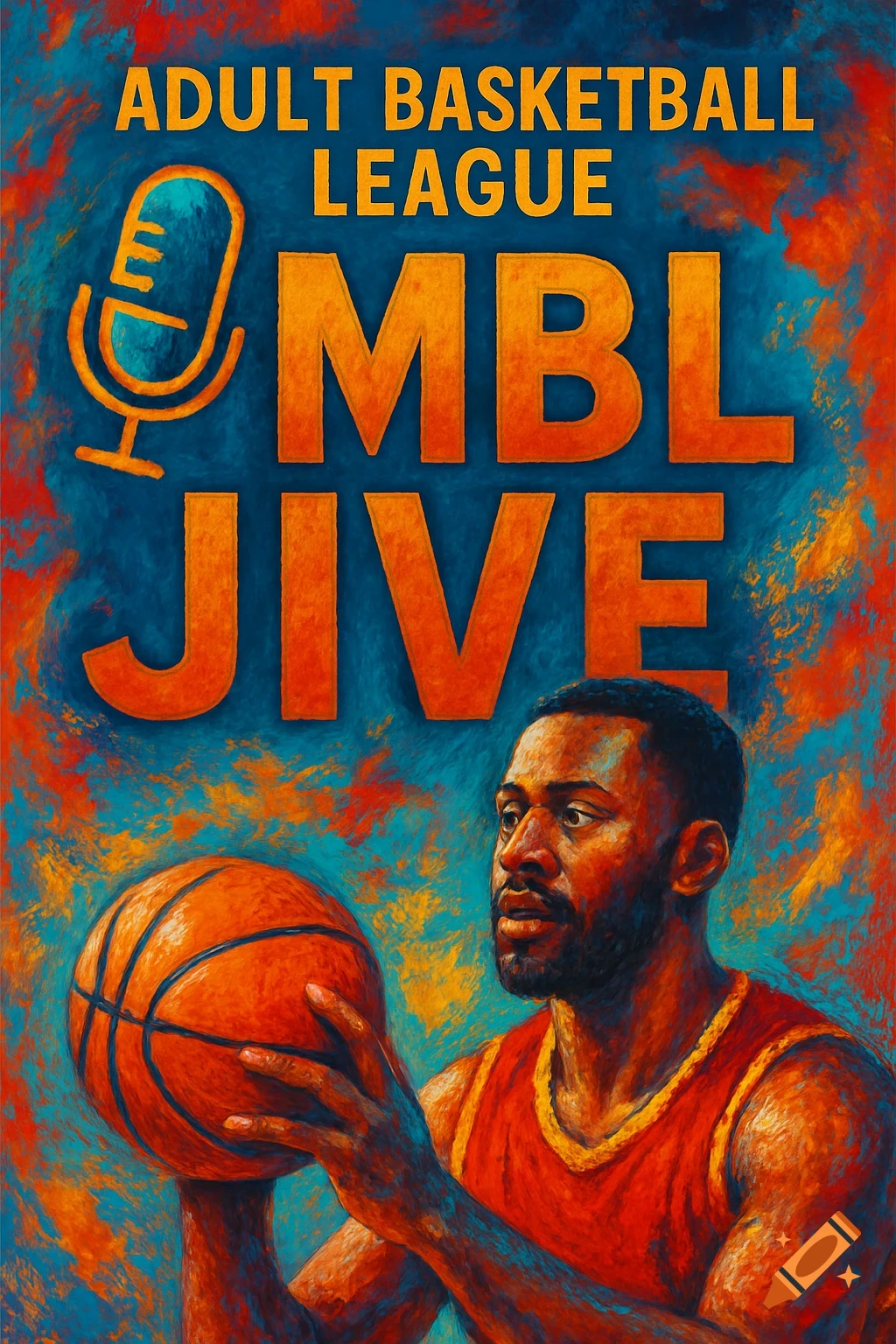 Colorful painting of a basketball player holding a ball, with 'ADULT BASKETBALL LEAGUE MBL JIVE' text and a microphone icon.