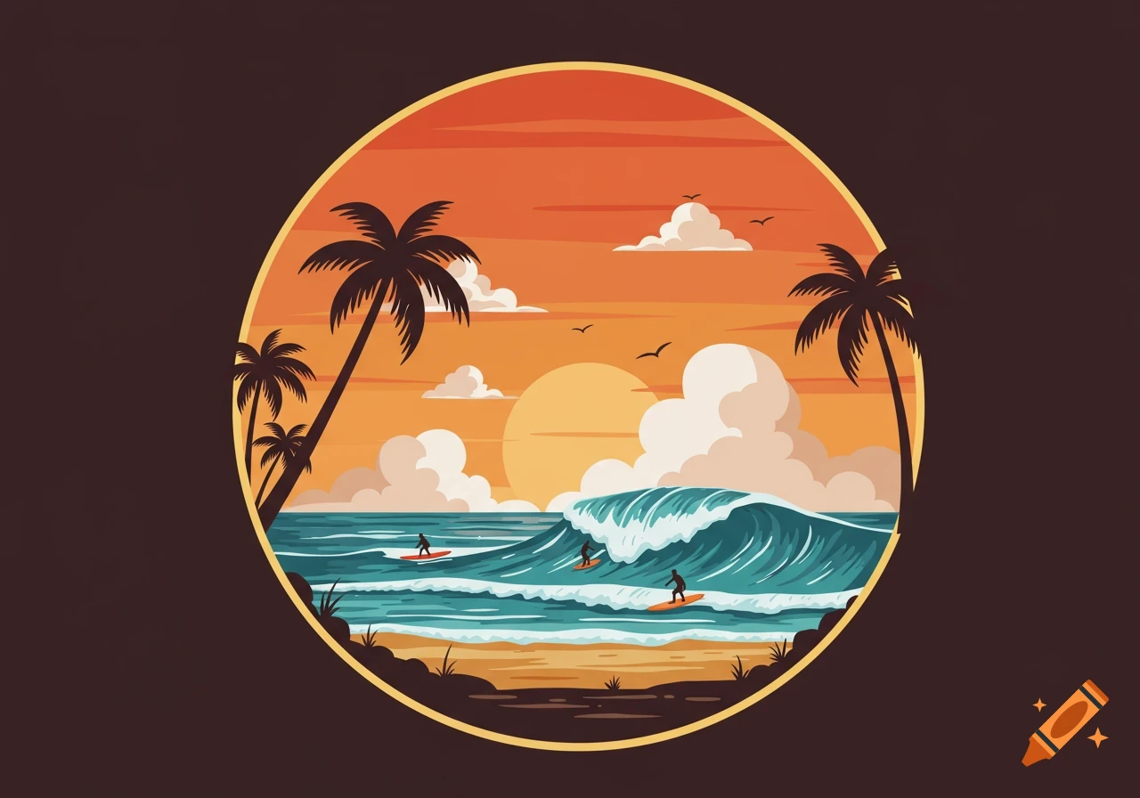 Stylized illustration of surfers on a tropical beach at sunset, framed in a circle, with palm trees and large waves.