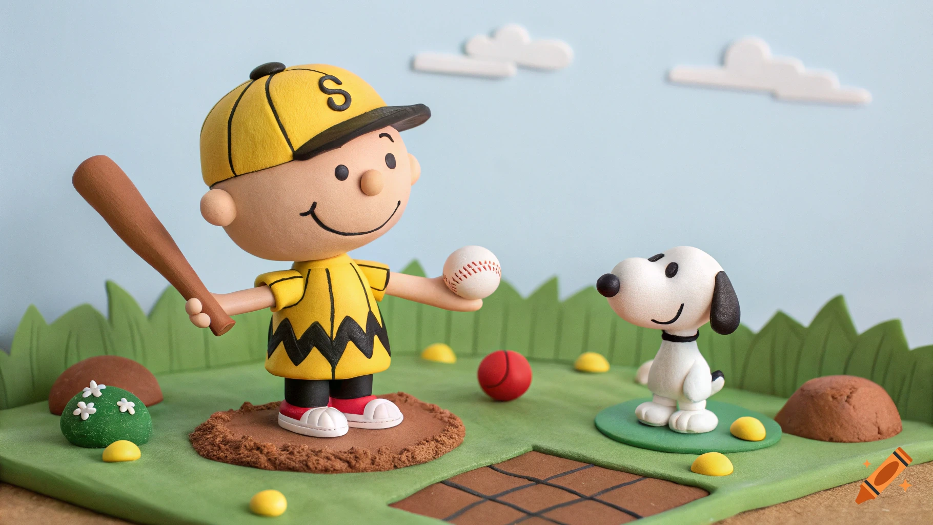 A clay diorama of Charlie Brown in his baseball uniform holding a bat and baseball, looking at a smiling Snoopy.