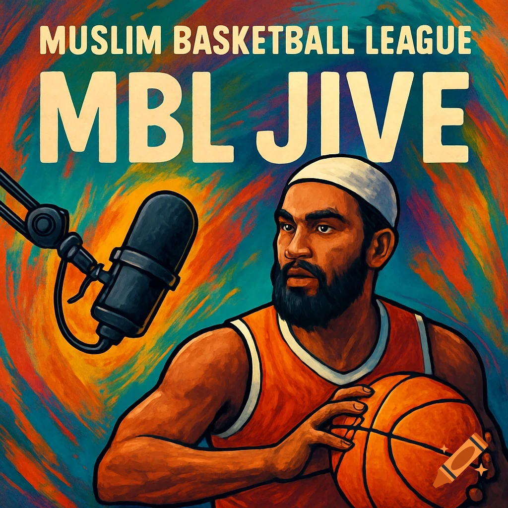 Stylized podcast cover of a bearded Muslim basketball player with a kufi, holding a ball next to a microphone. Text: 'MUSLIM BASKETBALL LEAGUE MBL JIVE'.