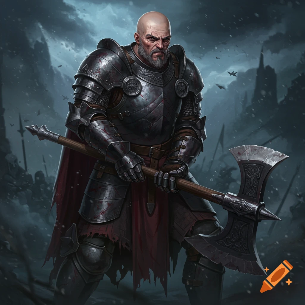A grizzled bald knight with a goatee, clad in dark, blood-splattered plate armor, holds a large battle axe in a stormy, war-torn landscape.