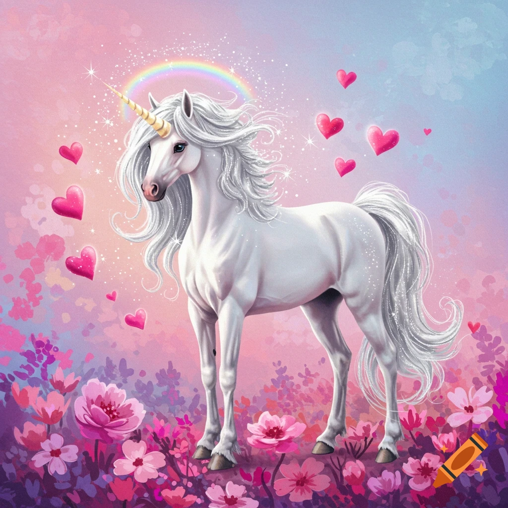 A white unicorn with a flowing mane stands in a field of pink and purple flowers, surrounded by floating pink hearts, a rainbow, and sparkles under a pastel sky.