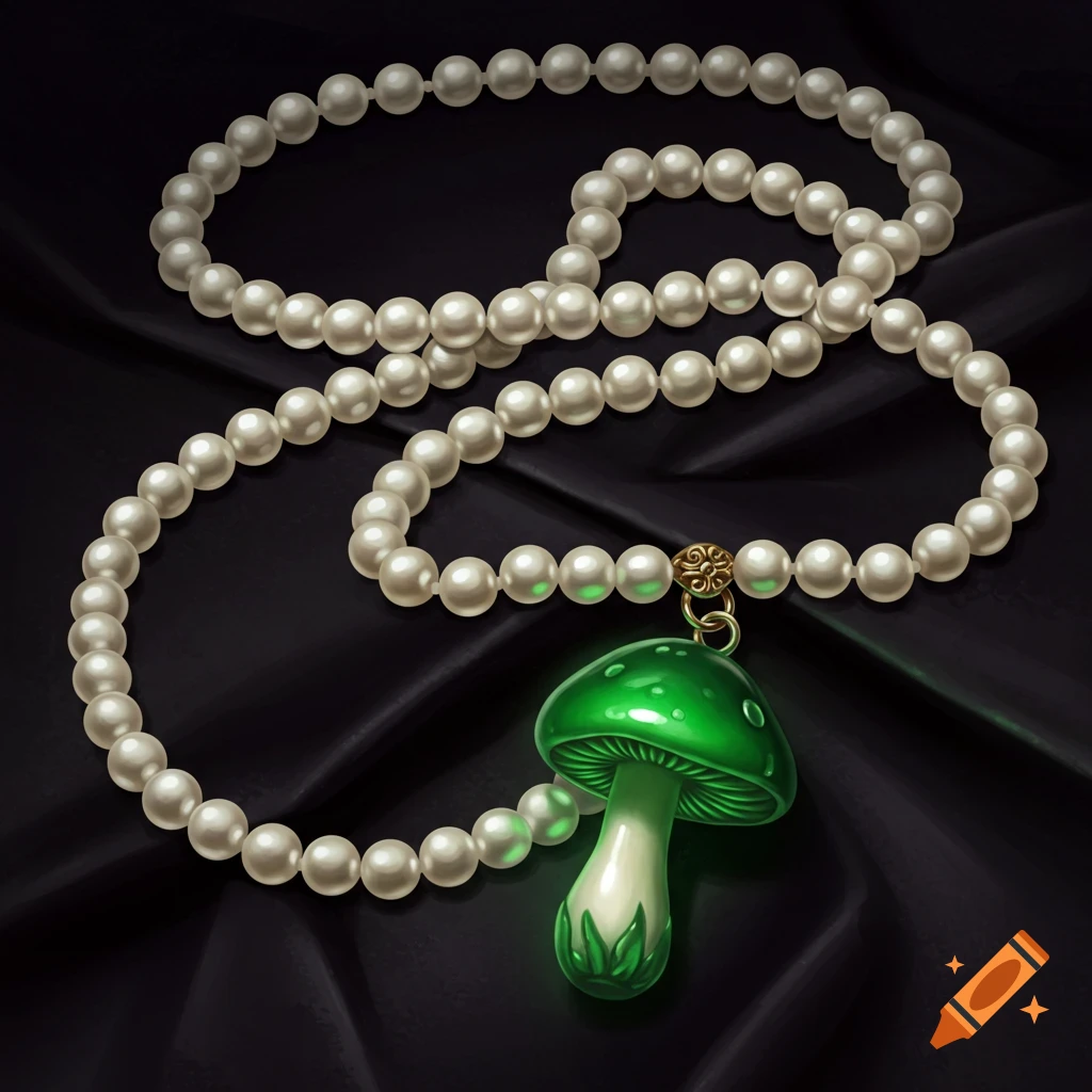 A long pearl necklace with a glowing green mushroom charm lies on dark, draped fabric.