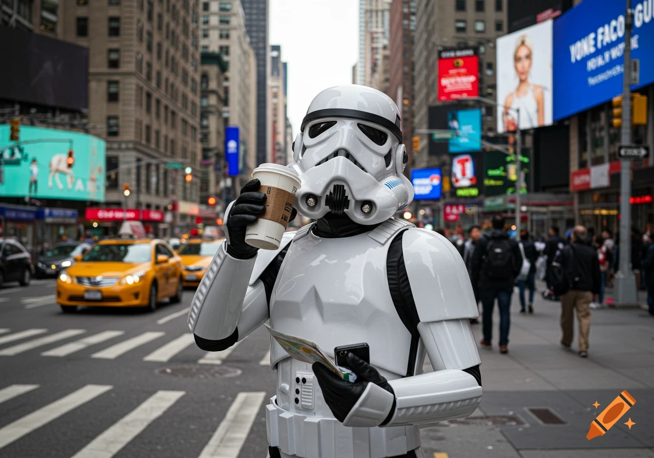 A photorealistic image of a Stormtrooper holding a coffee cup and looking at a phone while standing on a crosswalk in a busy New York City street.