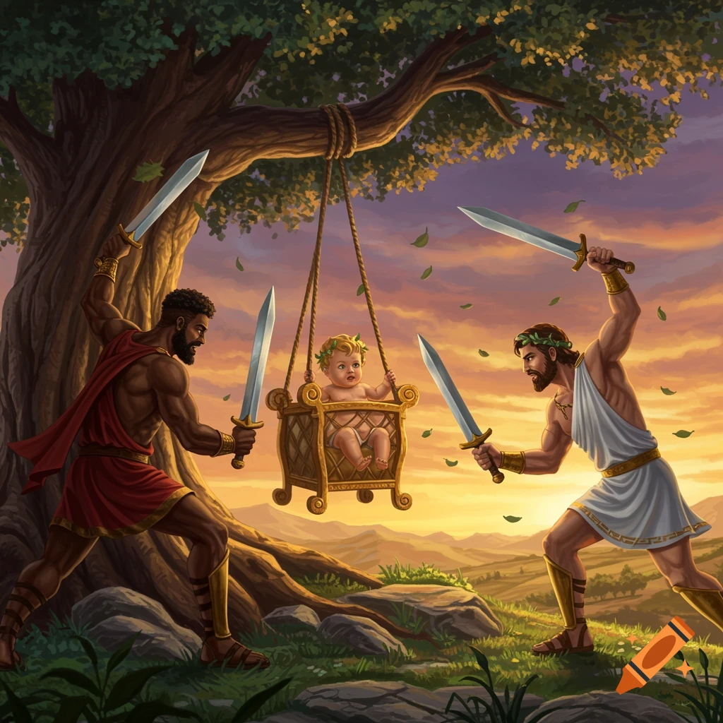 Two muscular men in ancient attire, wielding swords, protect a baby in a golden cradle hanging from a tree at sunset.