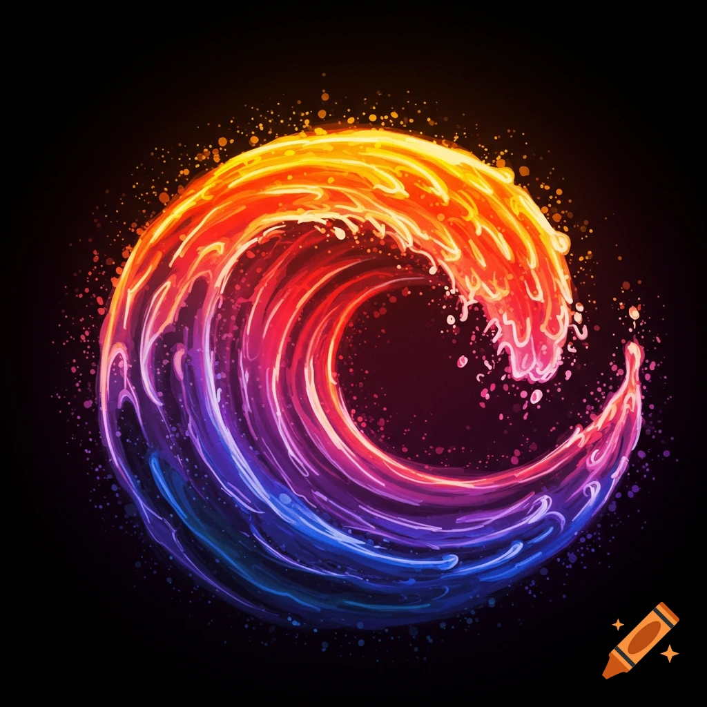 A vibrant, glowing wave illustration in a gradient of warm yellow and red to cool purple and blue against a black background.