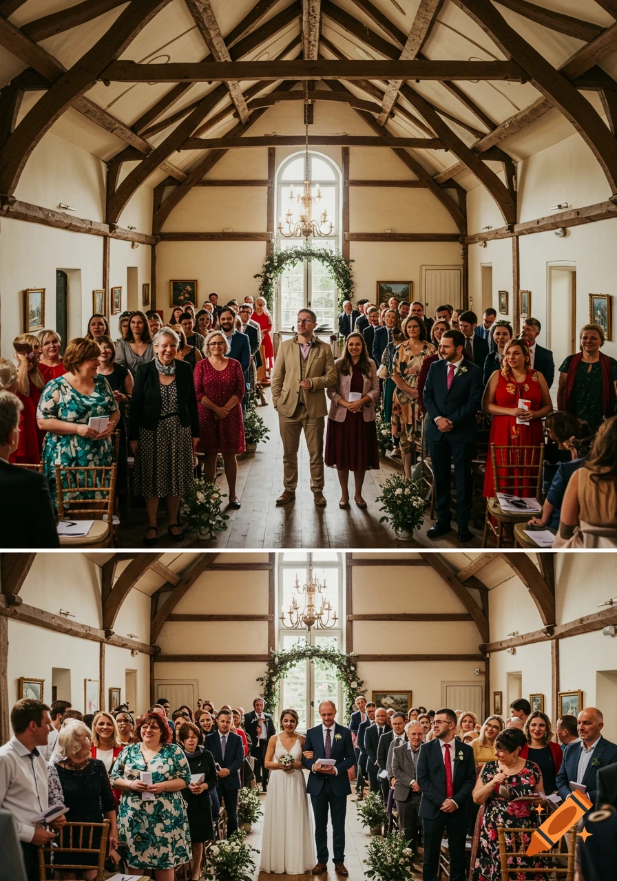 Guests stand along an aisle during a wedding ceremony in a spacious room with high wooden ceilings and large windows.