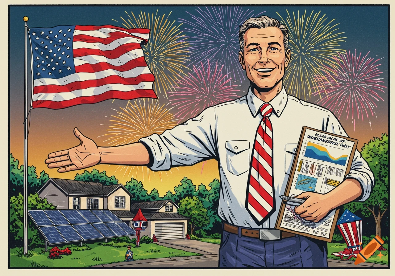 A smiling man in a comic art style gestures while holding a clipboard, with an American flag, houses with solar panels, and fireworks in the background.
