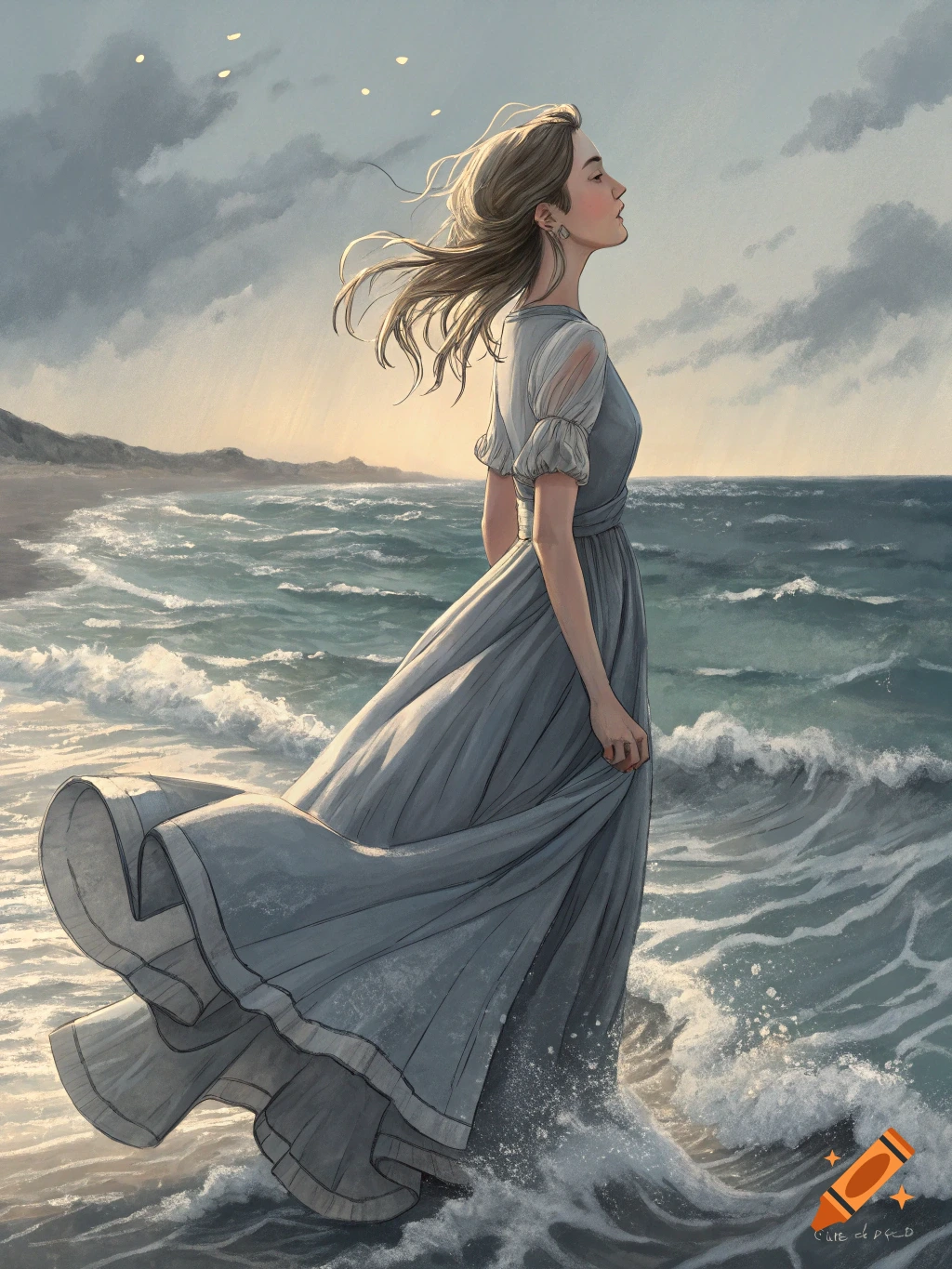 An illustrative painting of a woman in a long flowing dress standing in ...