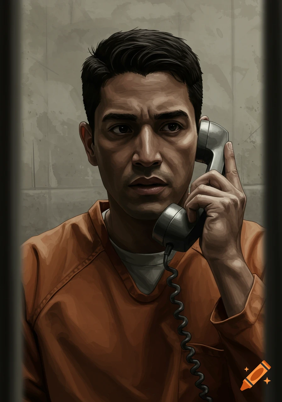 A man in an orange prison jumpsuit speaks on a phone, looking intently, within a jail cell, in a digital painting style.