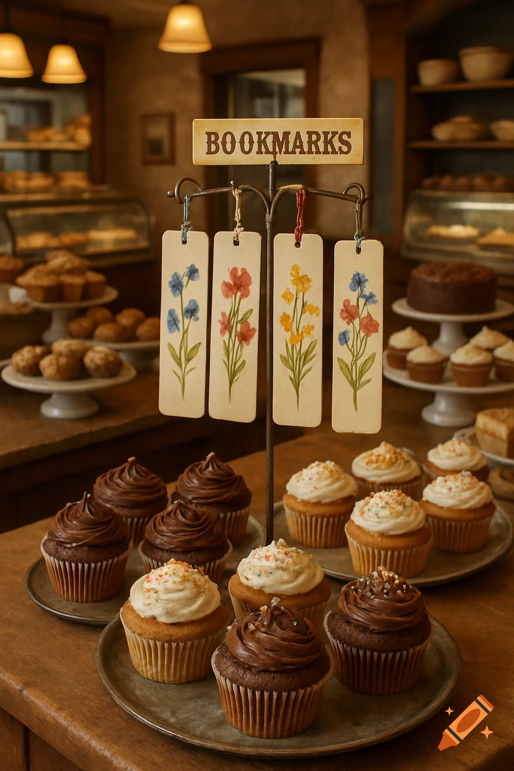 A close-up shot of an array of frosted cupcakes and a stand displaying floral bookmarks in a warm, rustic bakery.