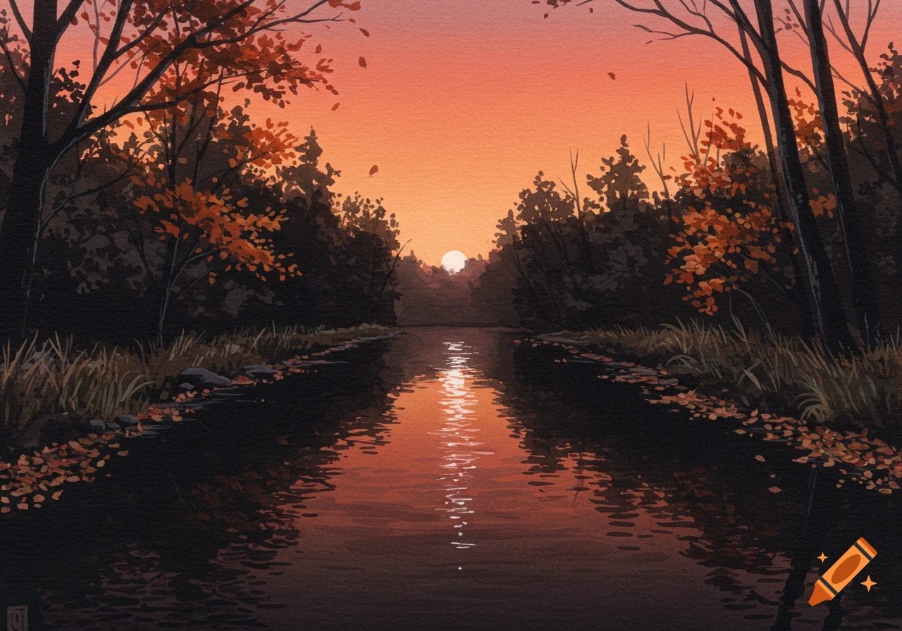 Watercolor painting of a river flowing through a forest with autumn trees at sunset, reflecting the vibrant sky.
