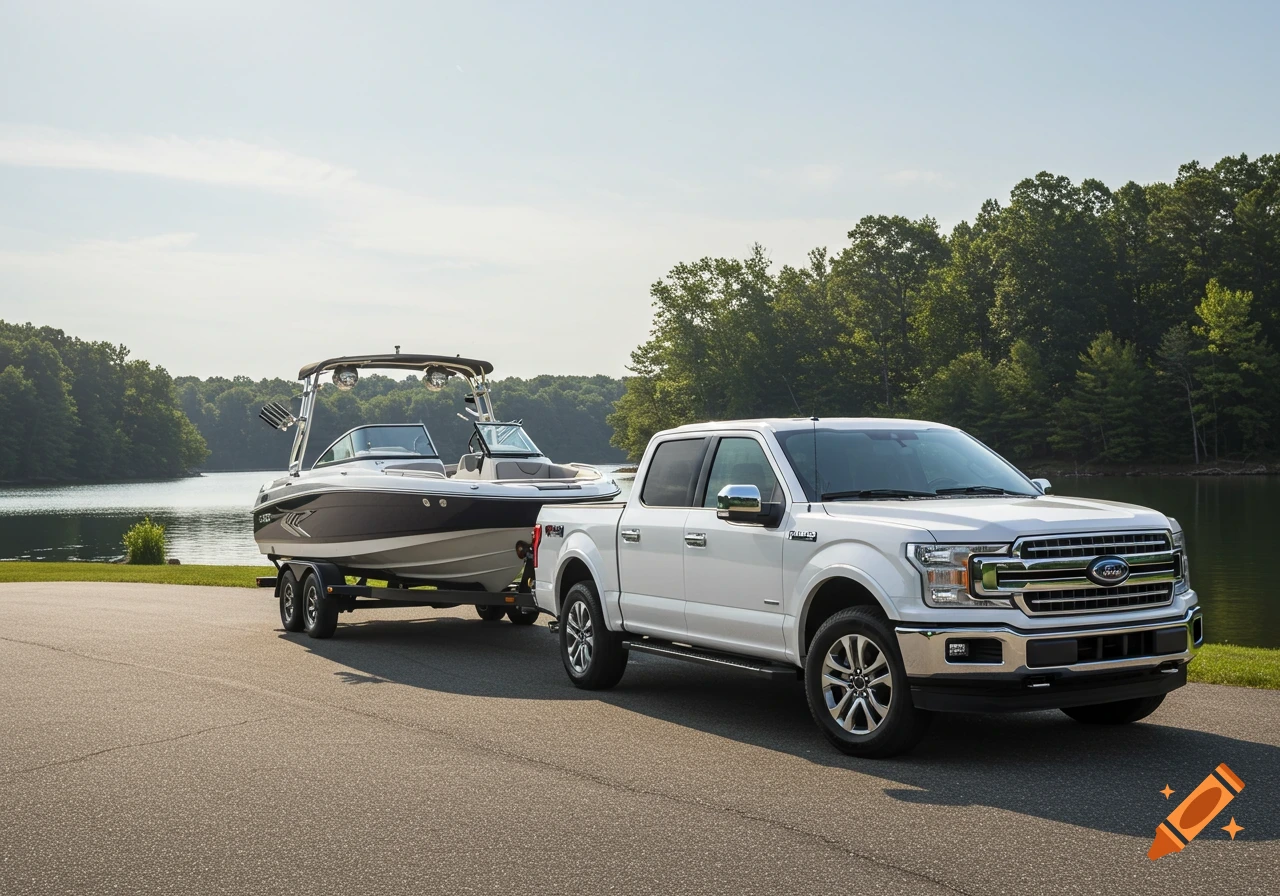 A white Ford F-150 pickup truck tows a dark and white Yamaha boat on a trailer by a lake with green trees under a bright sky.