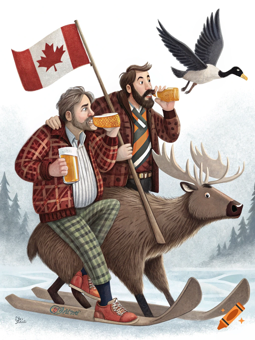 Cartoon of two men, one riding a moose on skis holding a flag, the other drinking beer, in a snowy Canadian scene.