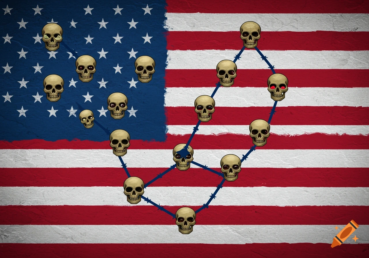 An American flag with cartoon skulls replacing the stars, connected by barbed wire on the red and white stripes, in an illustrative style.