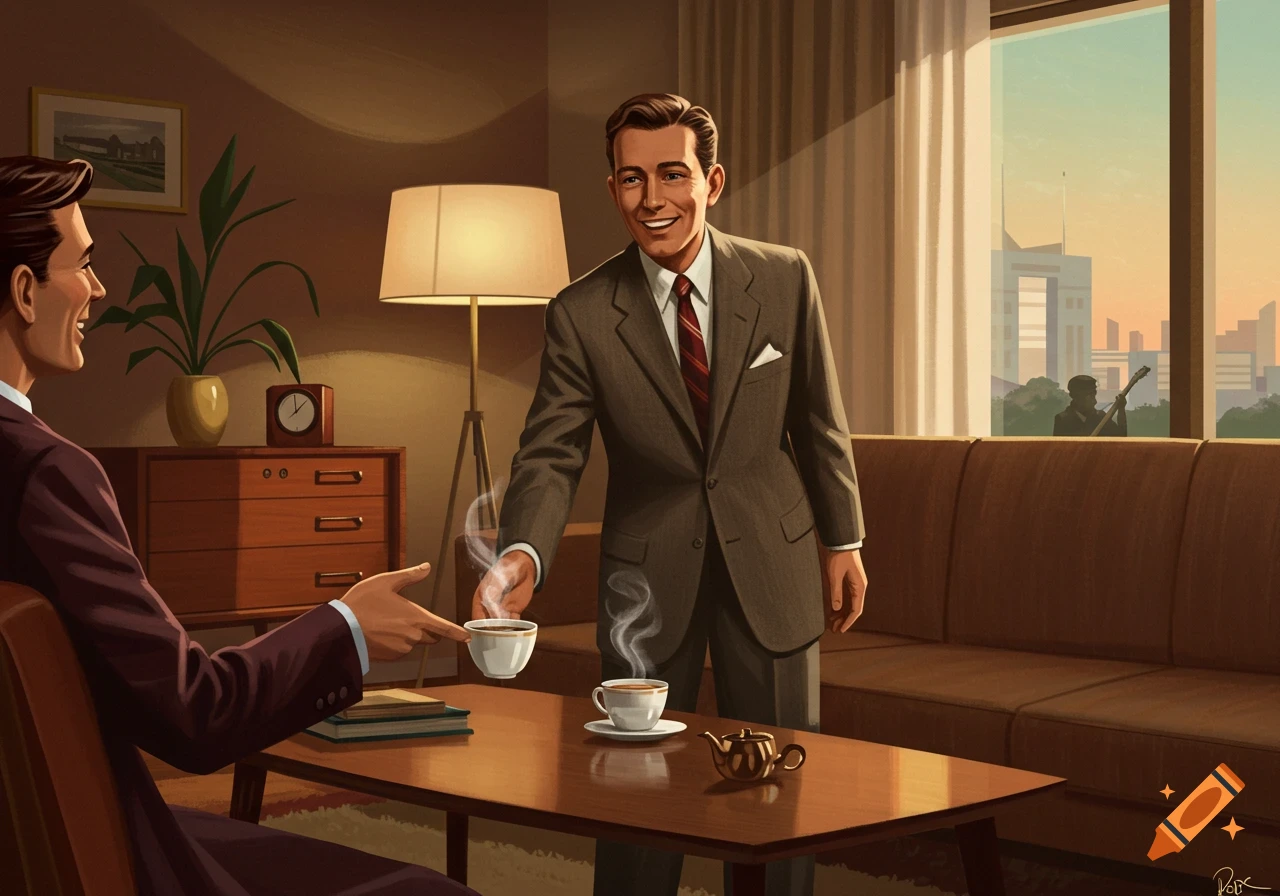 A 1950s-style illustration of a smiling man in a suit offering coffee to another man in a mid-century living room.