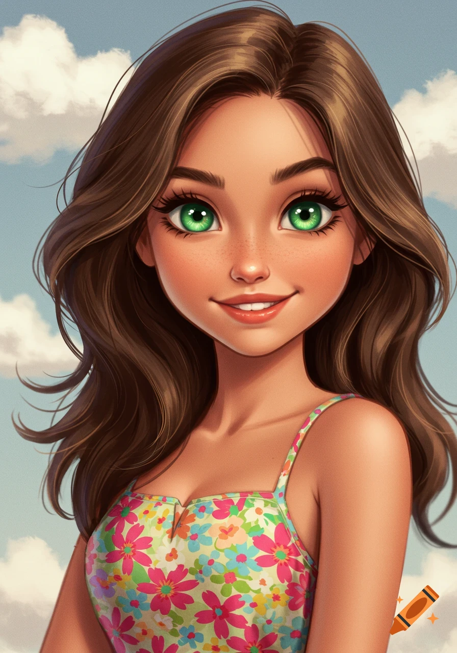 Stylized portrait of a smiling brunette girl with large green eyes wearing a floral top, set against a cloudy sky.