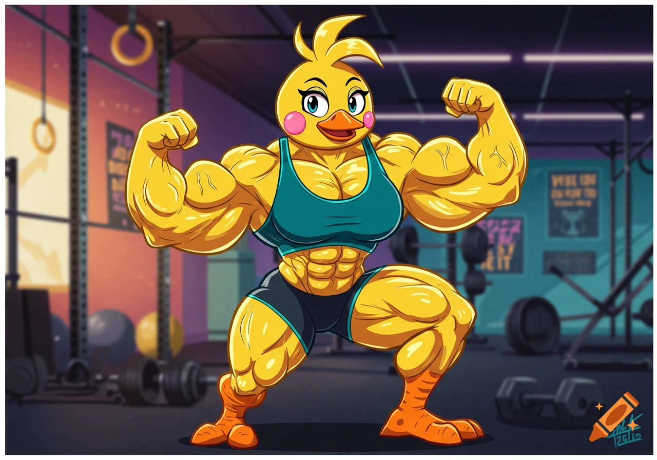 Muscular Toy Chica from Five Nights at Freddy's poses in a gym, flexing her biceps and showing her abs.