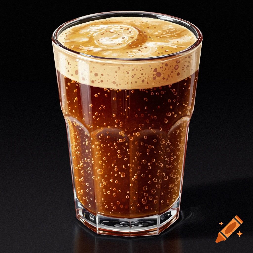 A photorealistic close-up of a glass filled with dark fizzy coffee and a thick layer of tan foam, against a black background.