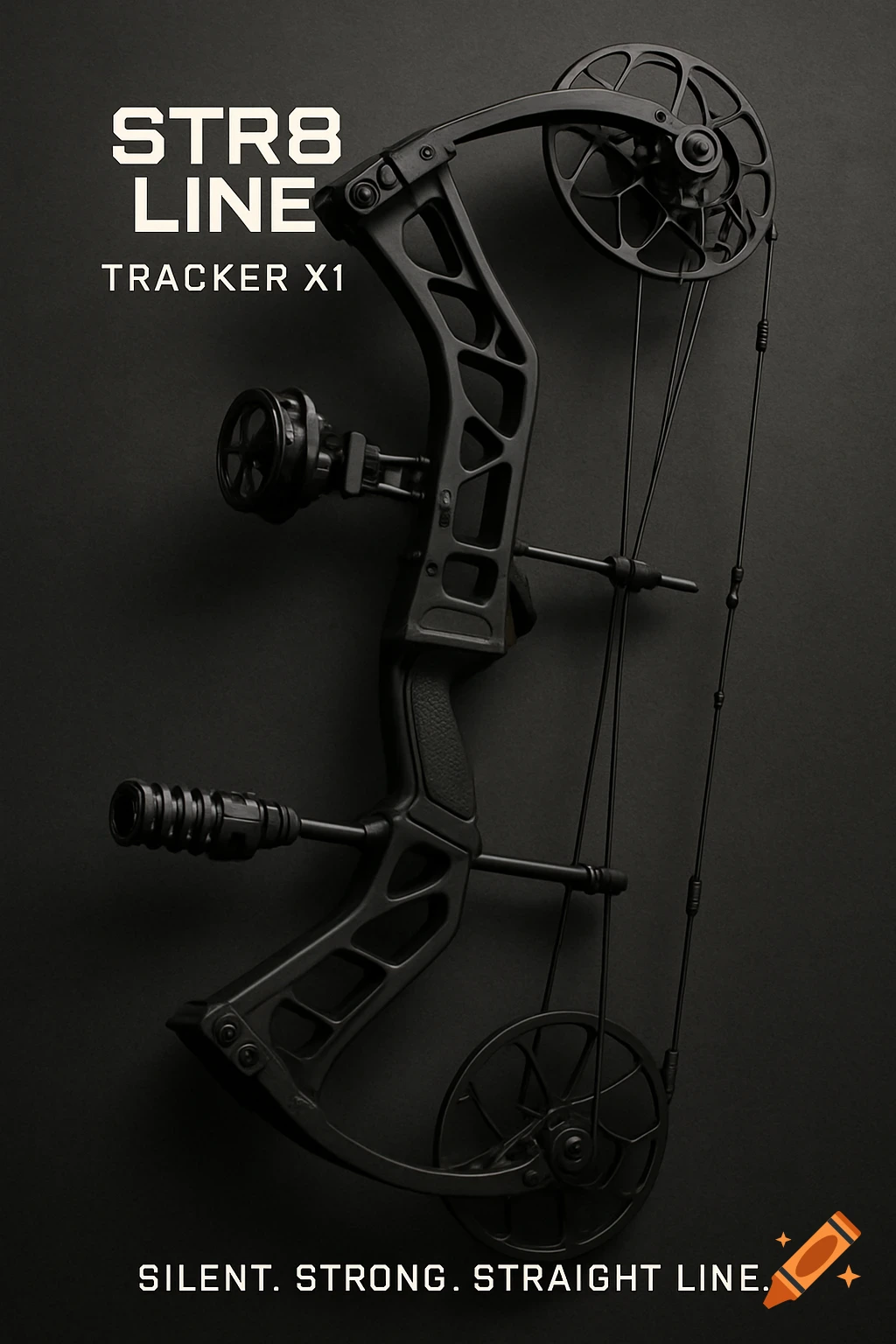 A black compound hunting bow with white text "STR8 LINE Tracker X1" and "Silent. Strong. Straight Line." on a dark background.