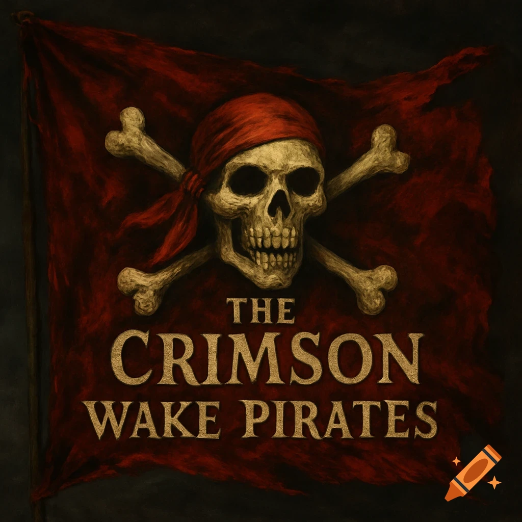 A dark red pirate flag featuring a skull wearing a red bandana and crossed bones, with the text "THE CRIMSON WAKE PIRATES" below.
