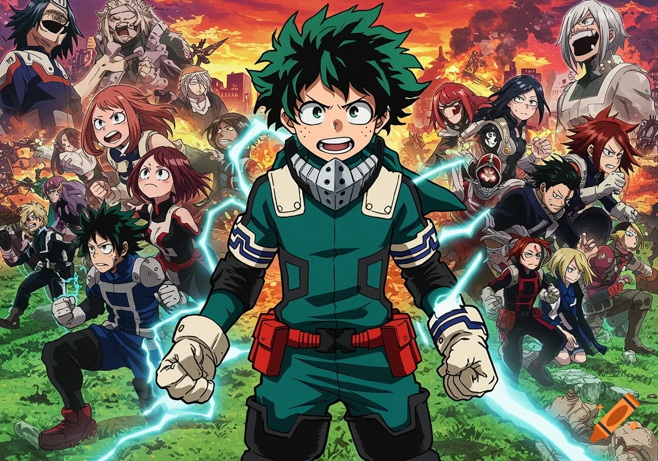 Midoriya Izuku and various My Hero Academia characters in an epic anime illustration, with a fiery, chaotic background.