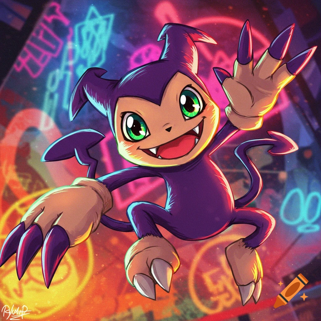 A cheerful purple Impmon from Digimon, with green eyes and sharp claws, floats smiling against a vibrant neon background.