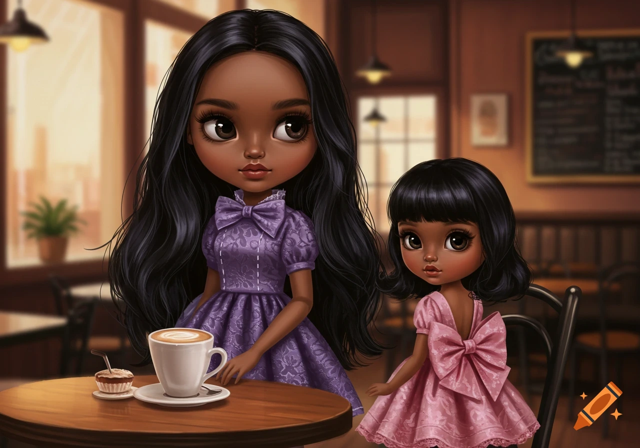 Two dark-skinned Blythe-style dolls in a cafe; one in a purple dress, the other in a pink dress, with coffee and a cupcake on the table.