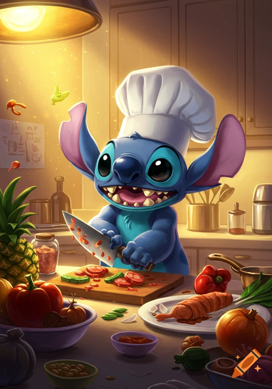 An illustration of Stitch from Disney's Lilo & Stitch, wearing a chef's hat and happily chopping vegetables with a large knife in a brightly lit kitchen.