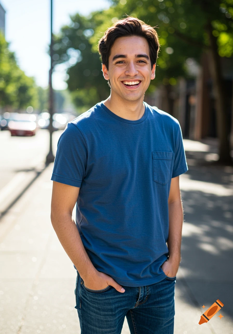 A young man with dark hair, wearing a blue t-shirt and jeans, smiles at the camera on a sunny city street.