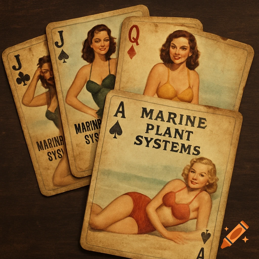 A fan of four vintage-style playing cards featuring swimsuit models from the 1950s. The cards display card ranks like 'J', 'Q', and 'A' with spade and diamond suits, and one card prominently reads 'MARINE PLANT SYSTEMS'.