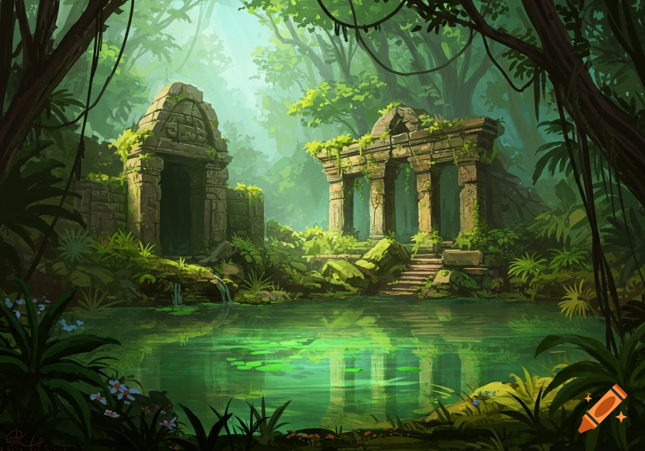 Overgrown ancient ruins stand beside a reflective water pool in a vibrant, lush jungle, rendered in a painterly style.
