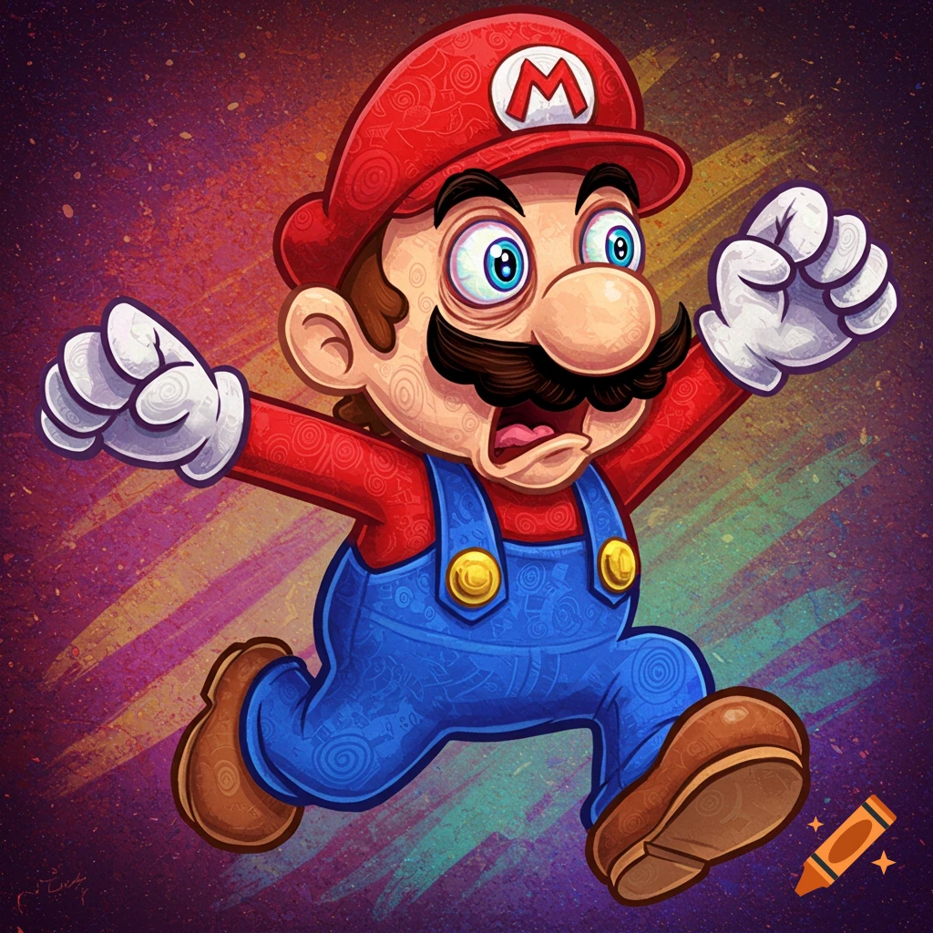 A vibrant cartoon of Super Mario with a wide-eyed, startled expression, running with arms outstretched, against a colorful, textured background.