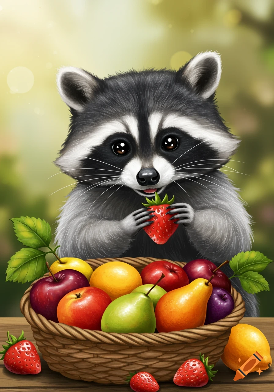 A cute, stylized raccoon holding a red strawberry with a basket of colorful fruit on a wooden table.